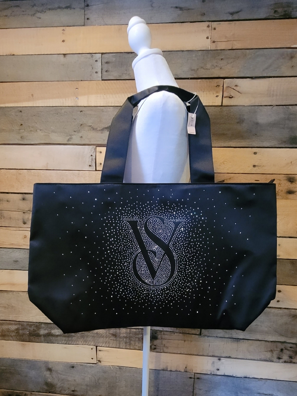 VS Black Satin Tote w/ Sparkling Rhinestone Logo Zip Top NEW WITH TAGS